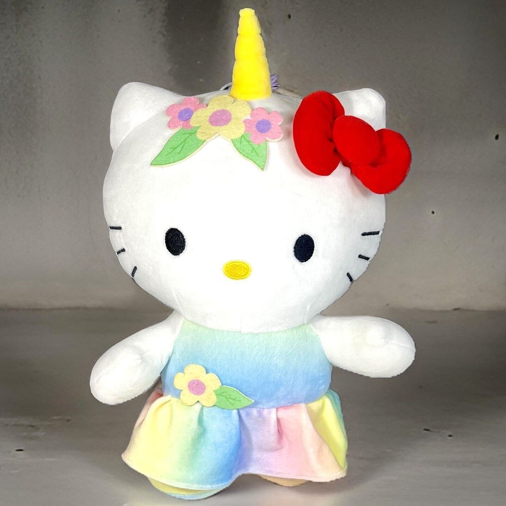 Hello Kitty Rainbow Unicorn 12" Plush Stuffed‎ Toy Red Bow Flowers Fiesta 2018